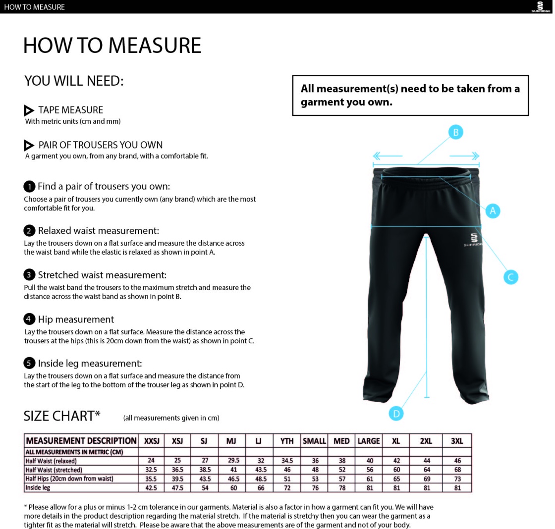 Bangor University - Psychology & Sport Science - Dual Poplin Track Pant with Lycra - Unisex Fit - Size Guide