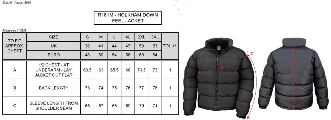 Bangor University - American Football - Mens Holkham Down Feel Jacket - Size Guide