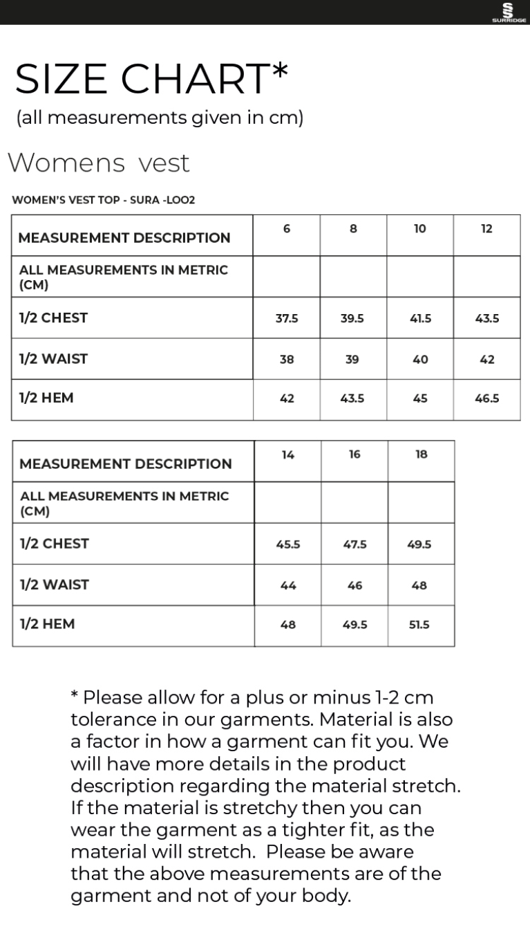 Athletics - Women's Away Vest - Size Guide