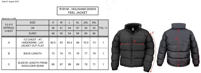 Bangor University - Swimming - Mens Holkham Down Feel Jacket - Size Guide