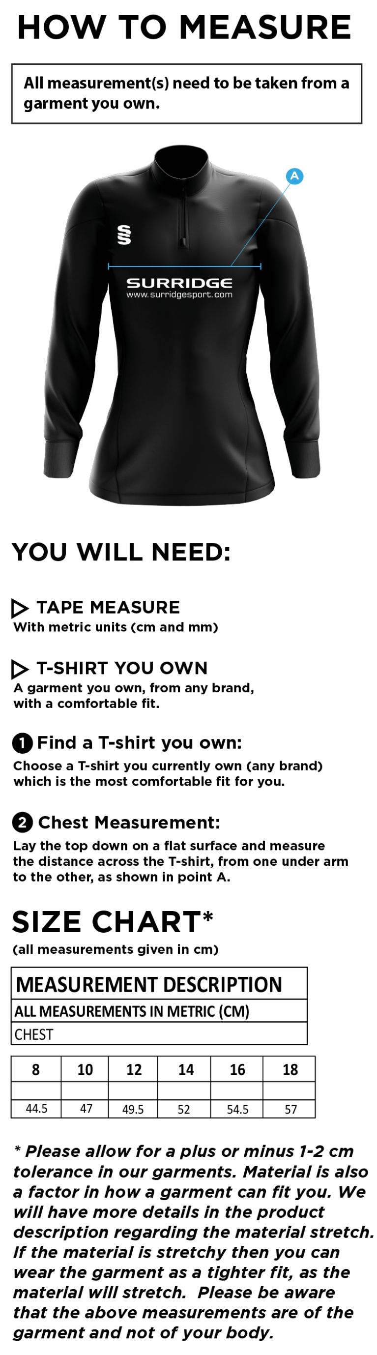 Bangor University - Ki-Aikido - 1/4 Performance Top - Women's Fit - Size Guide