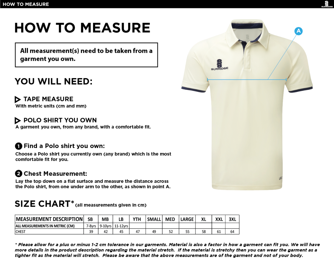 Bangor University - Ergo Short Sleeve Cricket Shirt - Size Guide