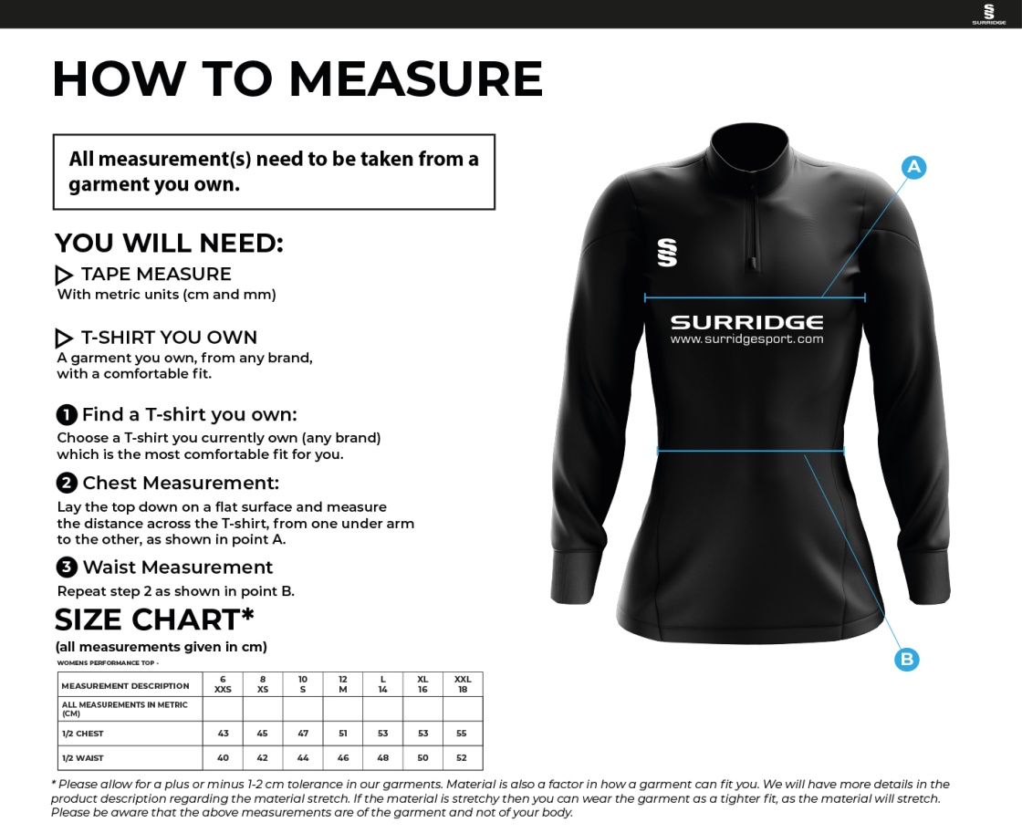 Bangor University - Sub Aqua - Womens Performance Top - Size Guide