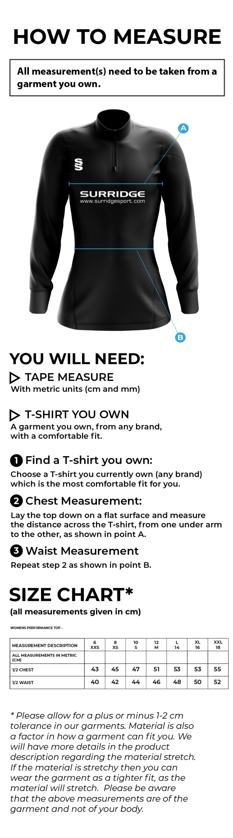 Bangor University - Rowing - Womens Performance Top - Size Guide