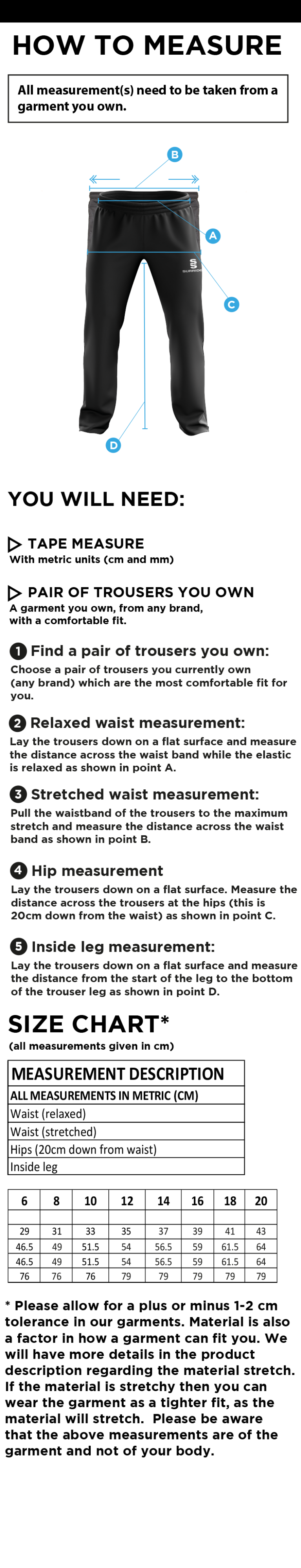 Bangor University - Psychology & Sport Science - Dual Poplin Track Pant with Lycra - Women's Fit - Size Guide
