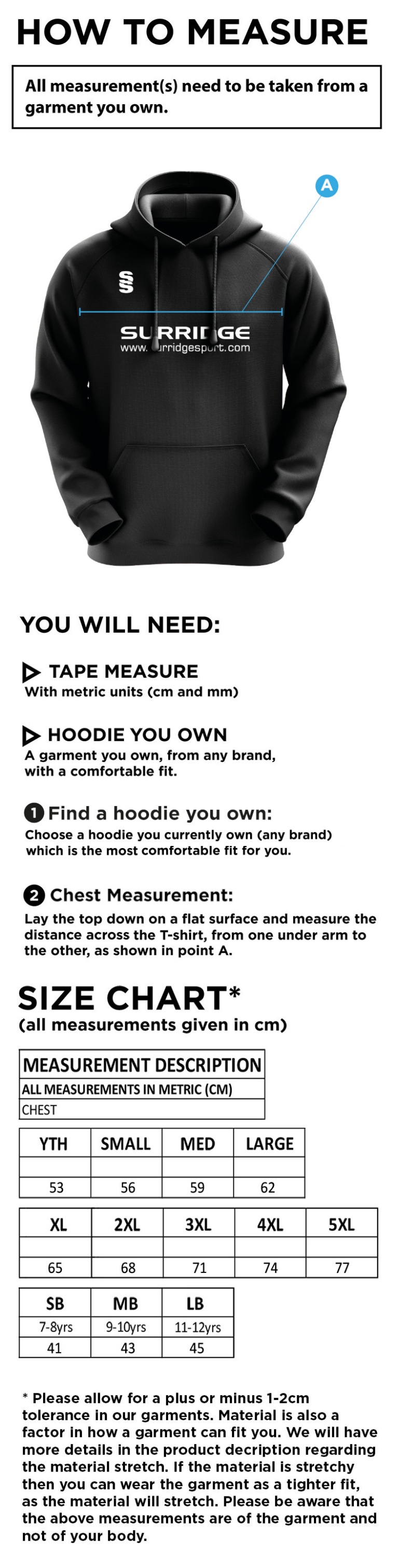 Concert Band - Blade Hoody - Size Guide