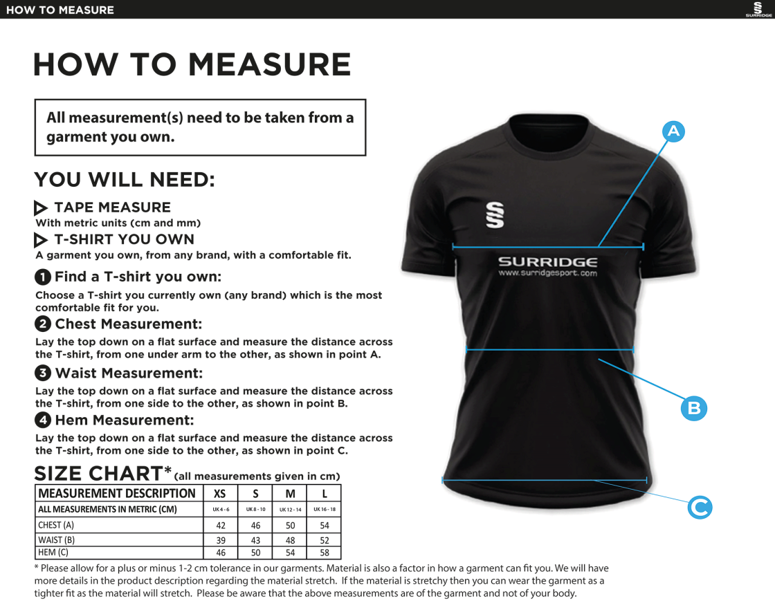 Bangor University - Sub Aqua - Training Shirt - Women's Fit - Size Guide