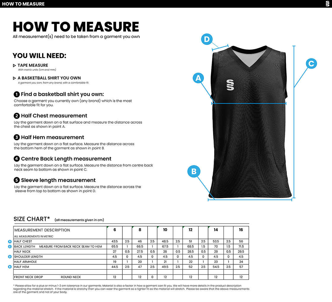 Basketball - Women's Home Vest - Size Guide