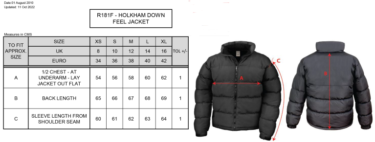Bangor University - Rowing - Holkham Down Feel Jacket - Women's Fit - Size Guide