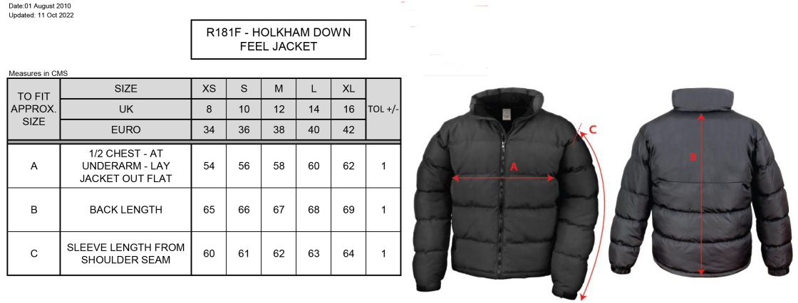 Bangor University - American Football - Womens Holkham Down Feel Jacket - Size Guide