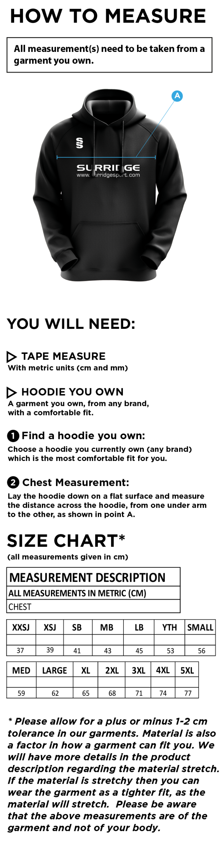 Bangor University - Fencing - Overhead Hoodie - Size Guide