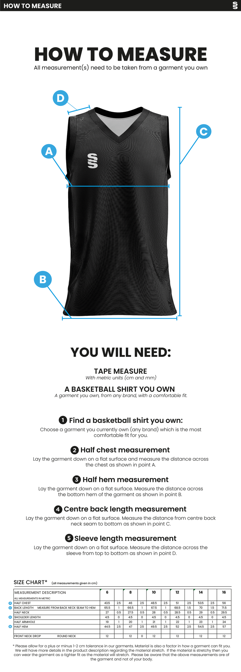 Basketball - Women's Home Vest - Size Guide