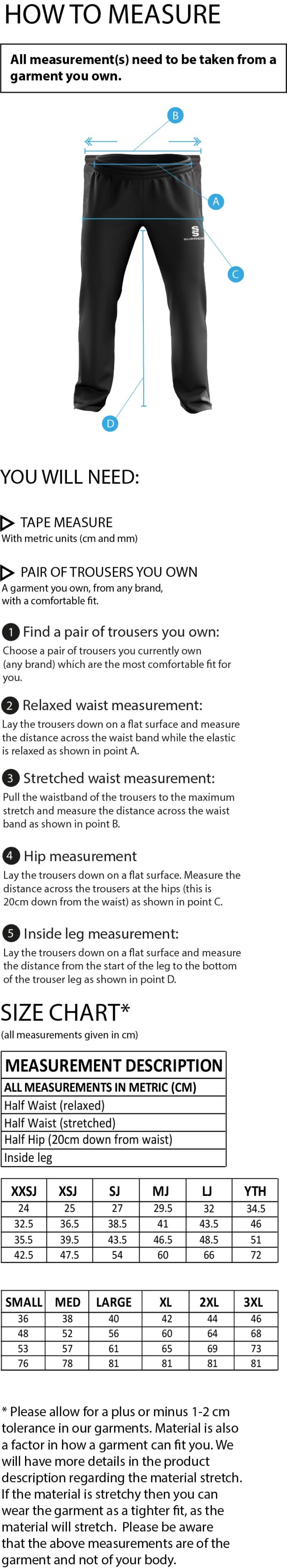 Bangor University - Psychology & Sport Science - Dual Poplin Track Pant with Lycra - Unisex Fit - Size Guide