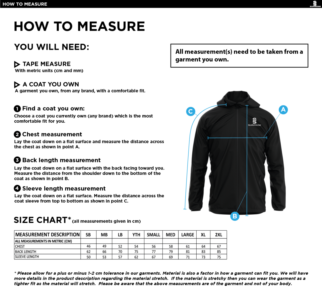 Bangor University - American Football - Dual Elite 1/4 Zip Hoody / Rain Jacket - Size Guide