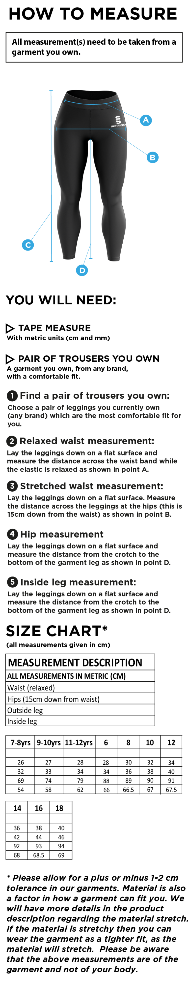 Bangor University - Psychology & Sport Science - Performance Full Length Leggings - Women's Fit - Size Guide