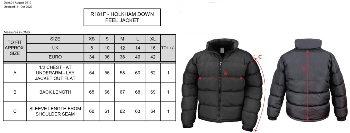 Bangor University - Rowing - Holkham Down Feel Jacket - Women's Fit - Size Guide