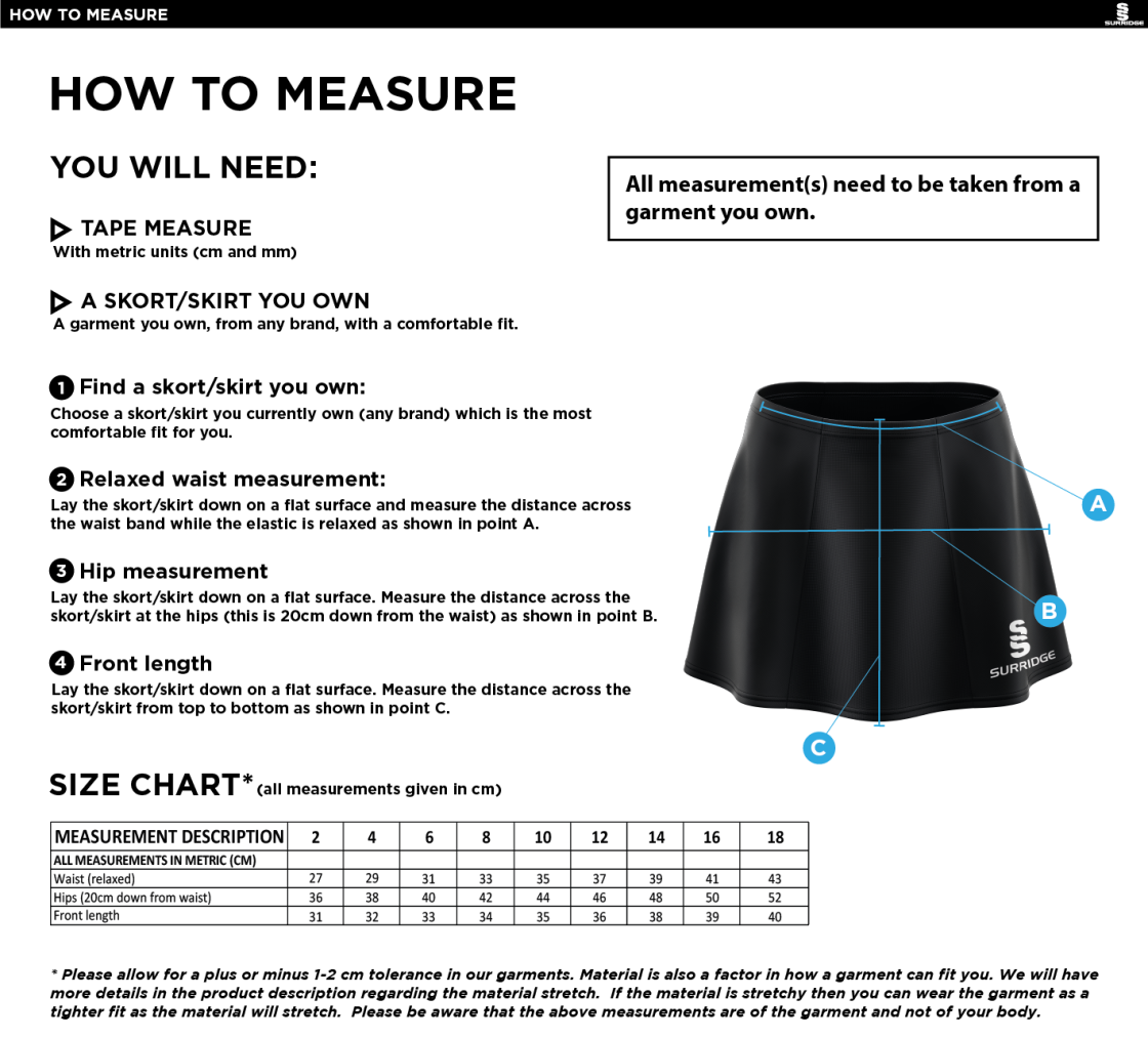 Bangor University - Skort - Women's Fit - Size Guide