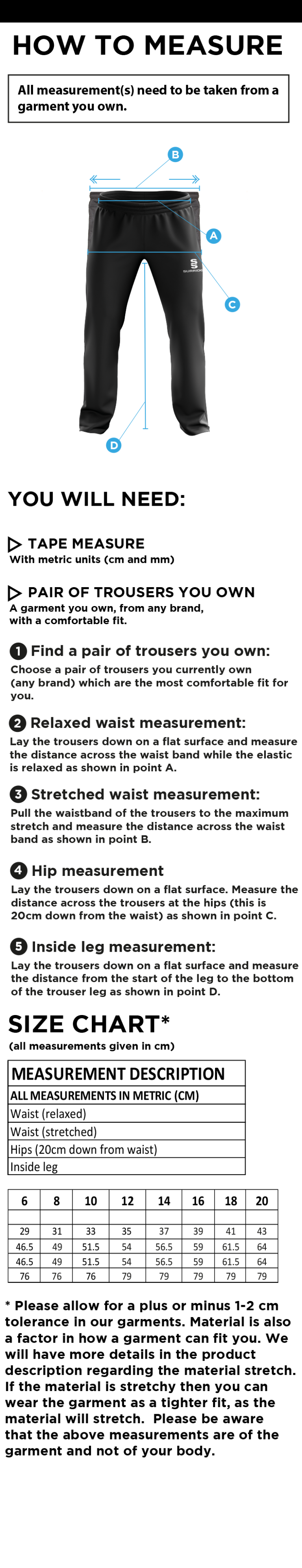 Bangor University - Women's Poplin Track Pants - Size Guide