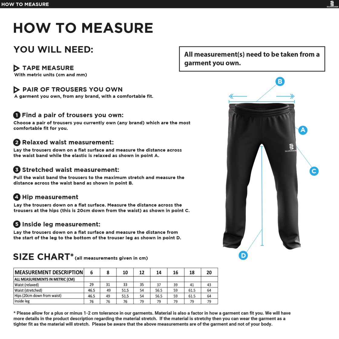 Bangor University - Womens Track Pants - Size Guide