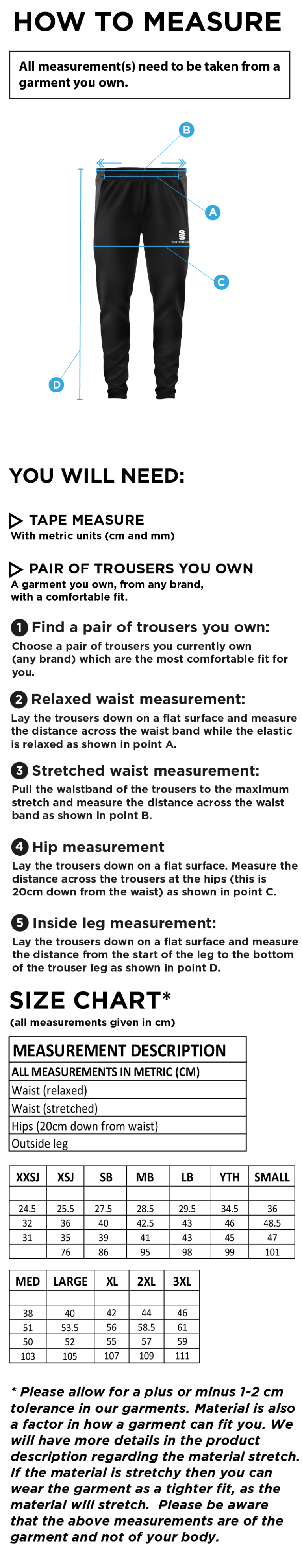 Bangor University - Tek Slim Training Pants - Unisex Fit - Size Guide