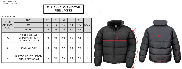 Bangor University - Rowing - Womens Holkham Down Feel Jacket - Size Guide