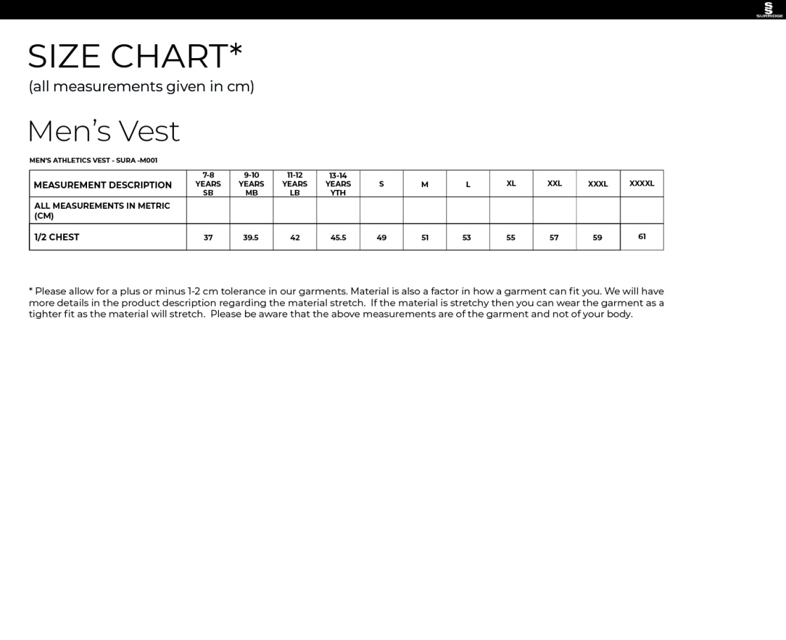 Athletics - Men's Home Vest - Size Guide