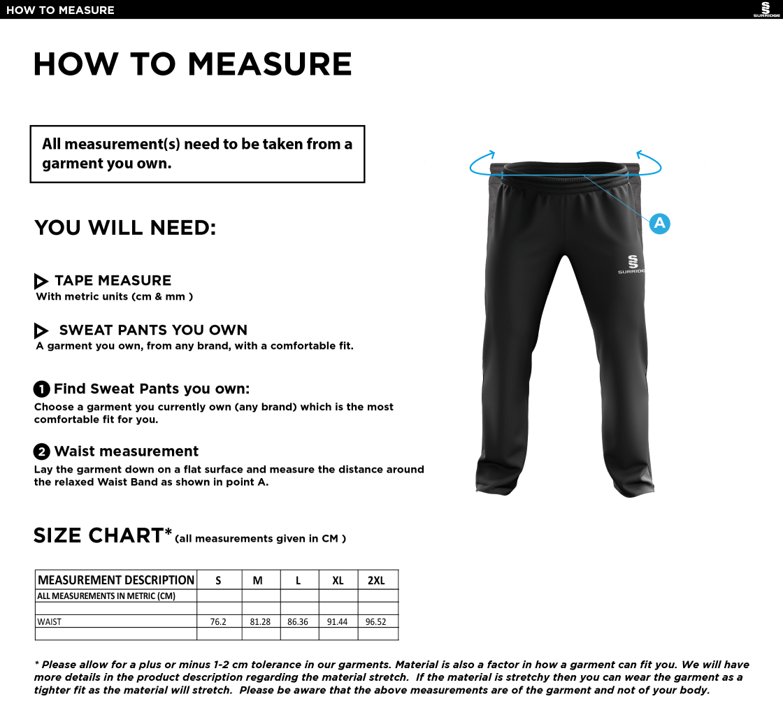 Bangor Unviersity - Dance - Unisex Cuffed Joggers - Size Guide