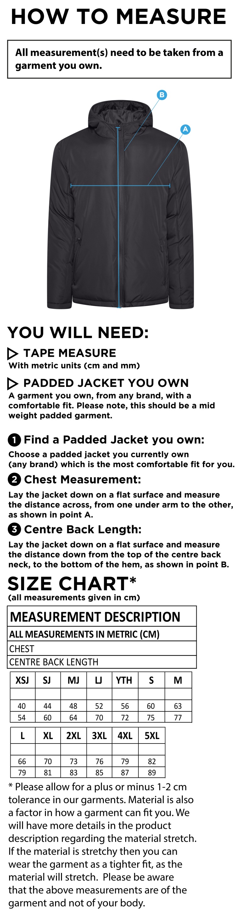 Bangor University - Quidditch - Padded Jacket - Size Guide