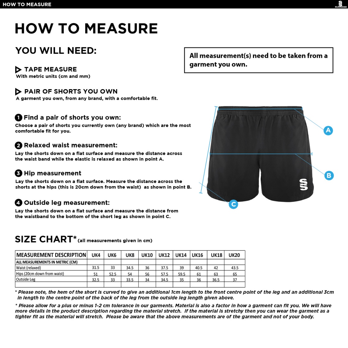 Bangor University - Performance Gym Short - Women's Fit - Size Guide