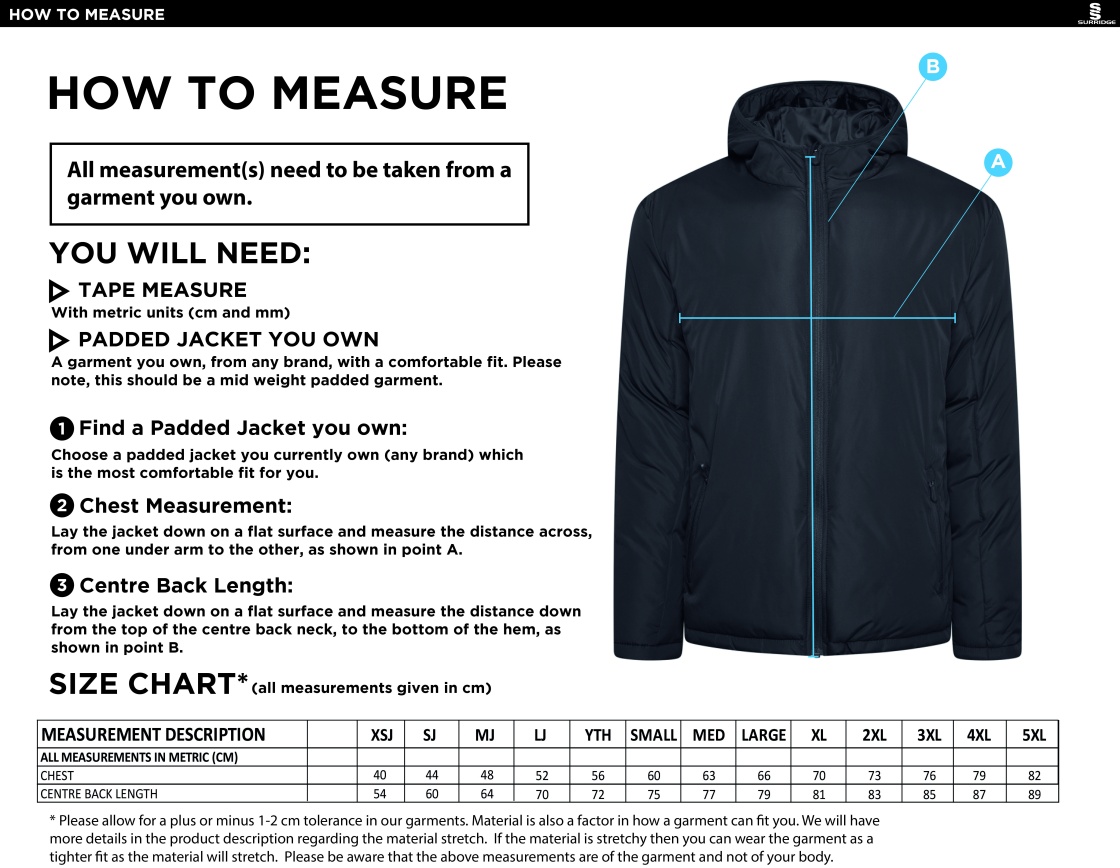 Bangor University - Quidditch - Padded Jacket - Size Guide