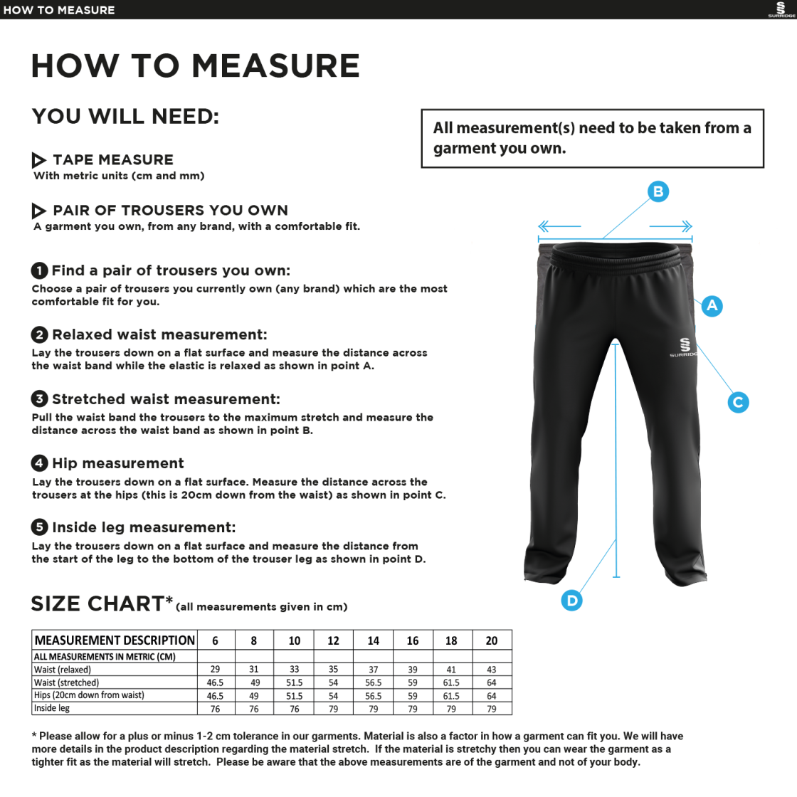 Bangor University - Psychology & Sport Science - Dual Poplin Track Pant with Lycra - Women's Fit - Size Guide
