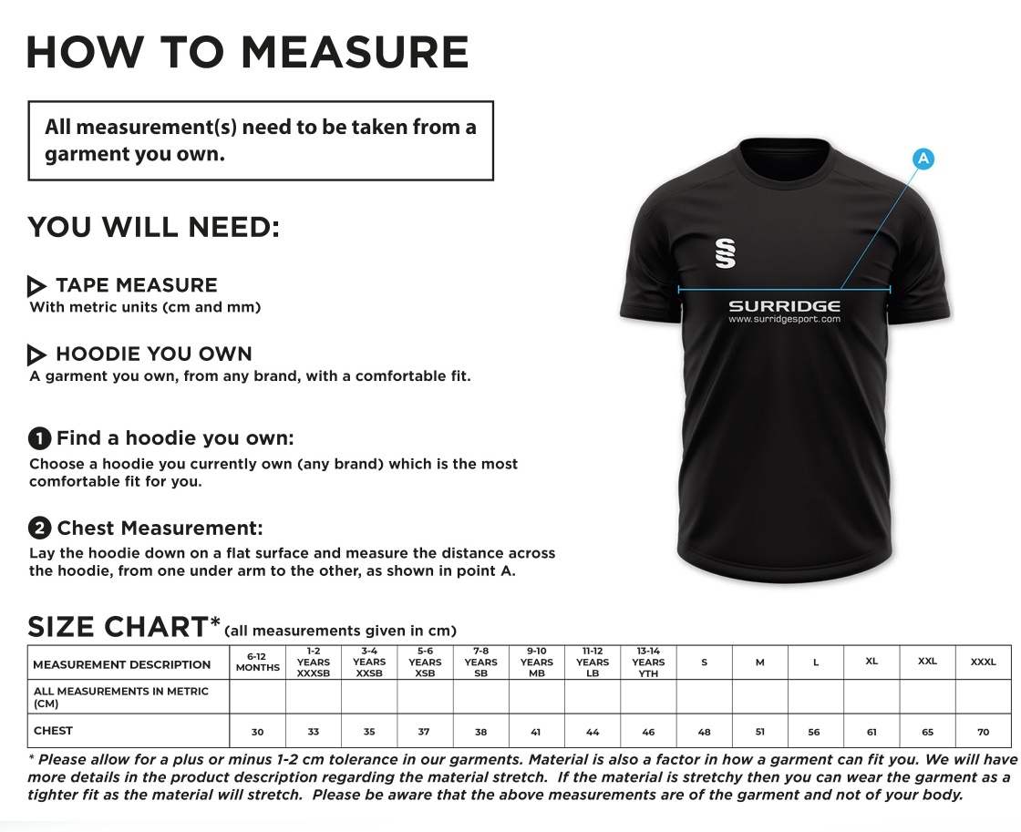 Rugby Union Shirt - Mens - Size Guide