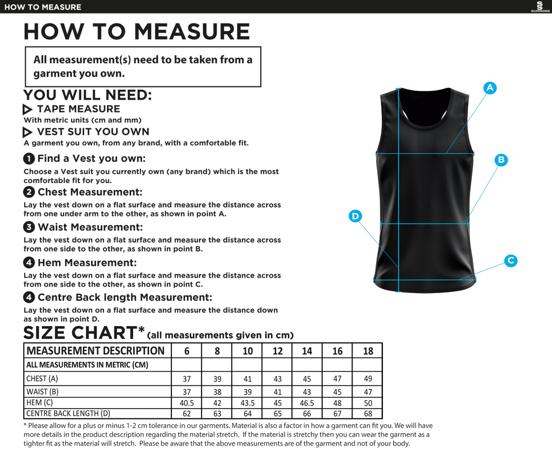 Boxing - Women's Away Vest - Size Guide