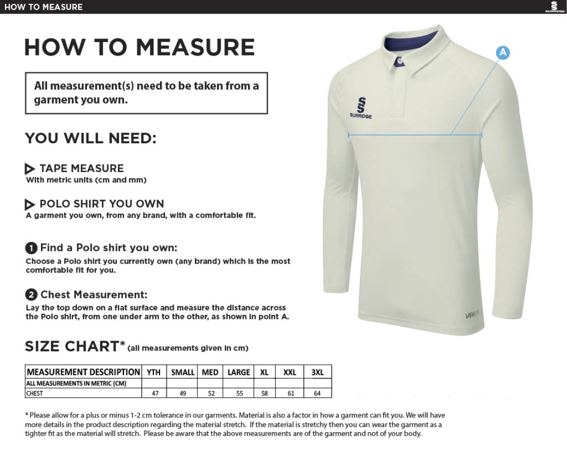 Bangor University - Ergo Long Sleeve Cricket Shirt - Size Guide