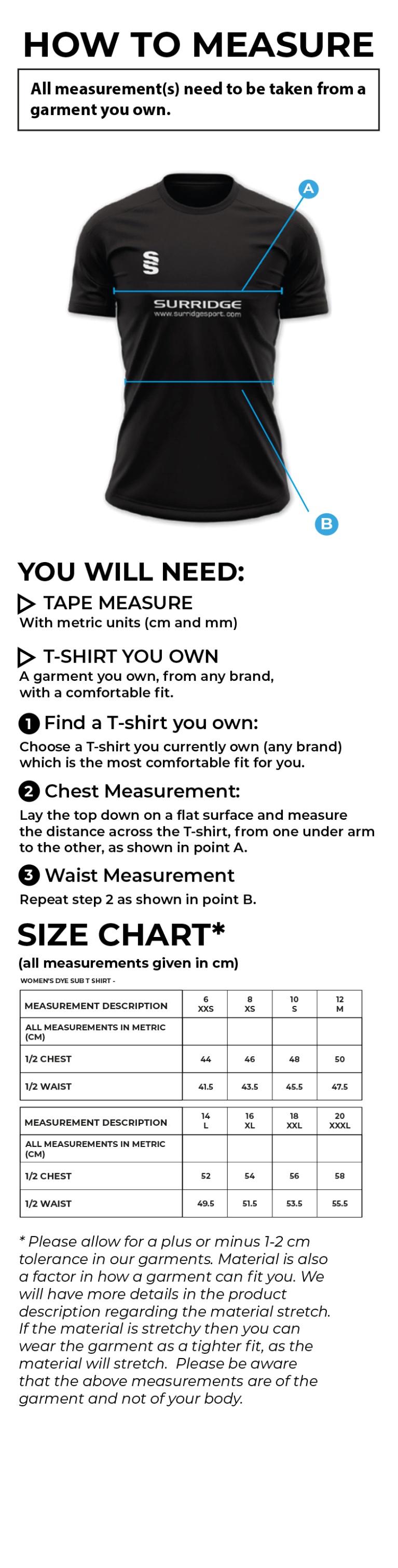 Rugby Union - Women's Playing Shirt - Size Guide