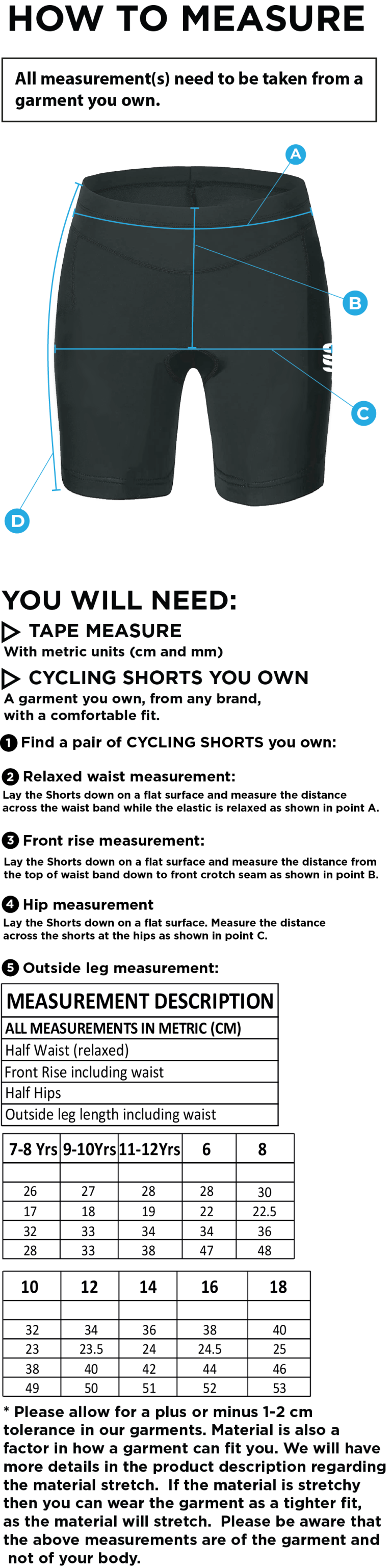 Bangor University - WOMENS DUAL CYCLING SHORT - Size Guide