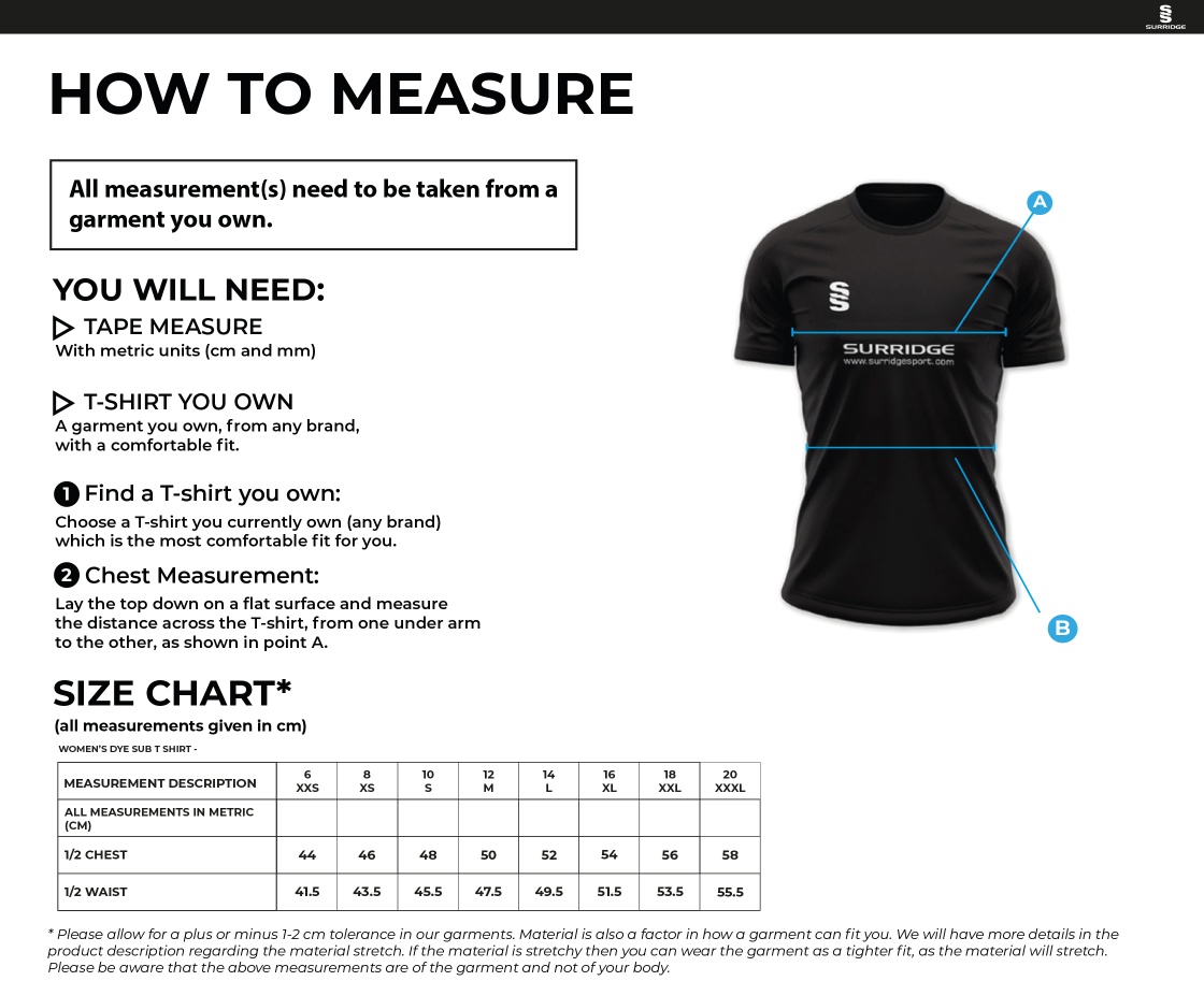Rugby - Women's Away Shirt - Size Guide