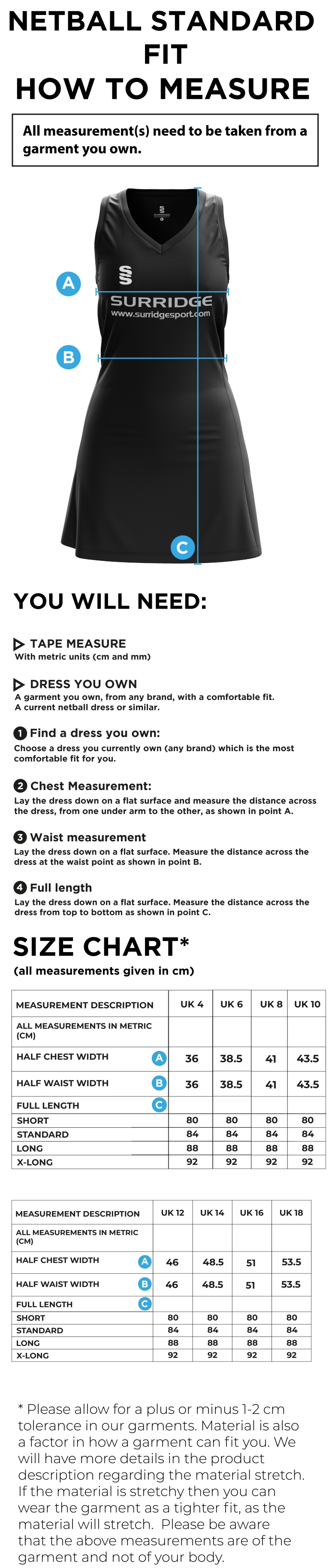 Netball - Away Dress - Size Guide