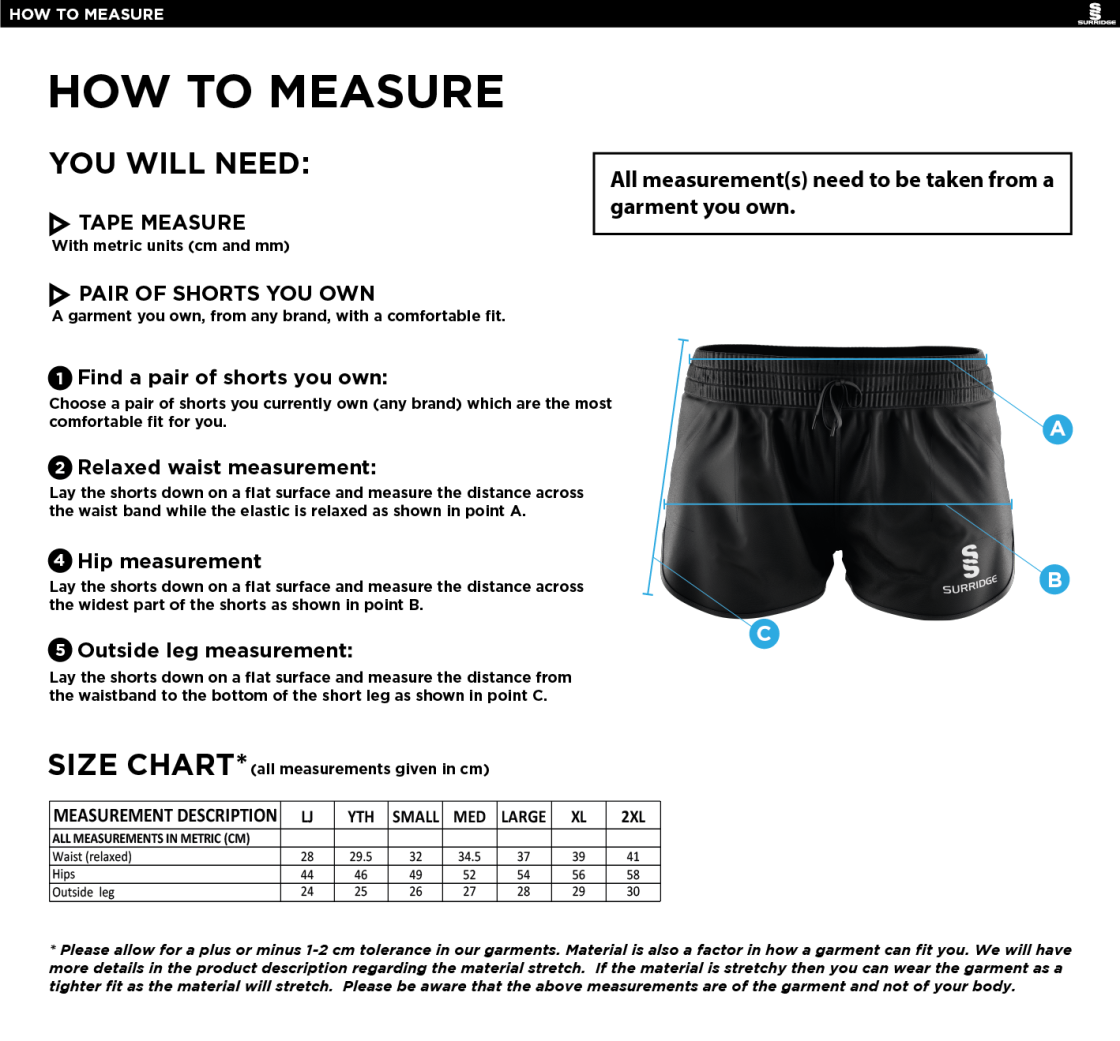 Bangor University - Womens Shorts - Size Guide