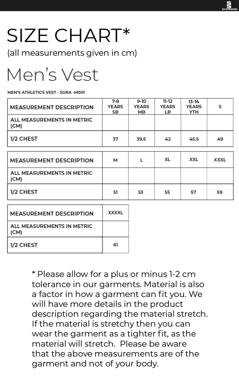 Athletics - Men's Home Vest - Size Guide
