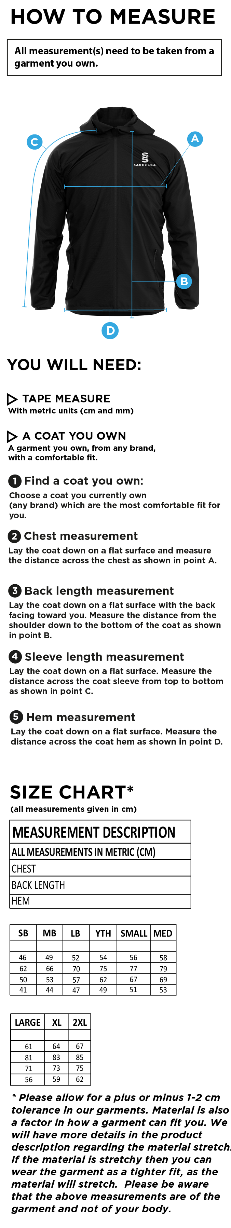 Bangor University - BUMS - Rain Jacket - Size Guide