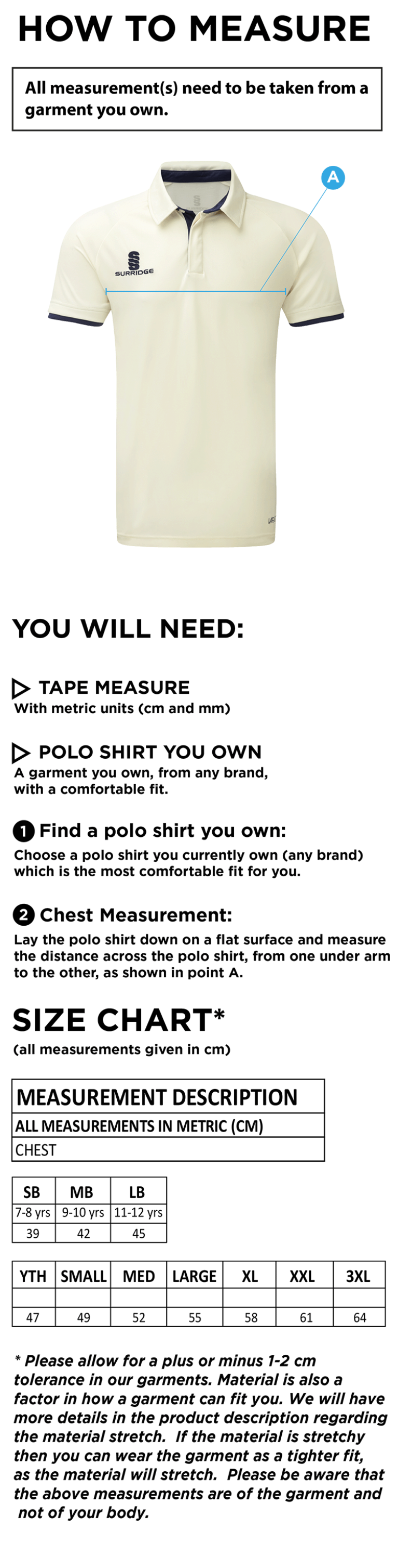 Golf - Men's Playing Shirt - Size Guide