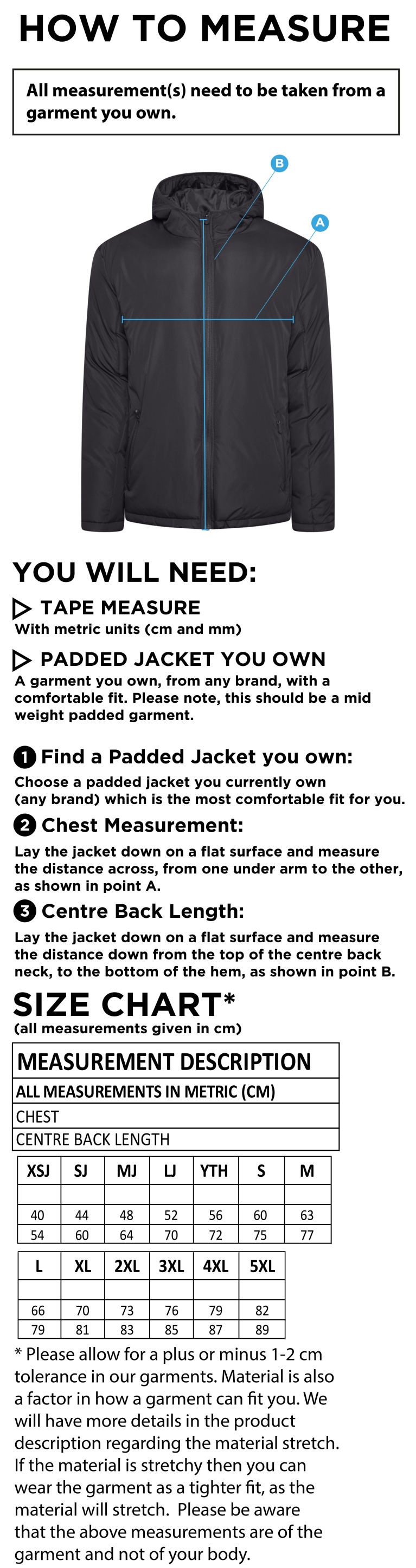 Bangor University - Basketball Mens - Active Padded Jacket - Unisex Fit - Size Guide