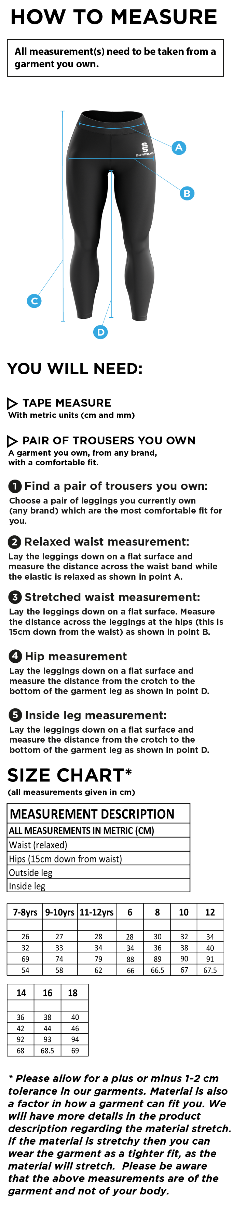 Concert Band - Performance Full Length Leggings - Size Guide