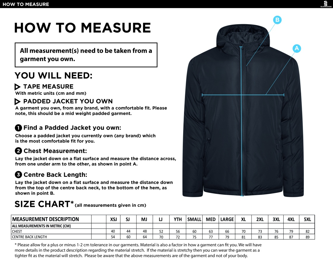 Bangor University - Basketball Mens - Active Padded Jacket - Unisex Fit - Size Guide