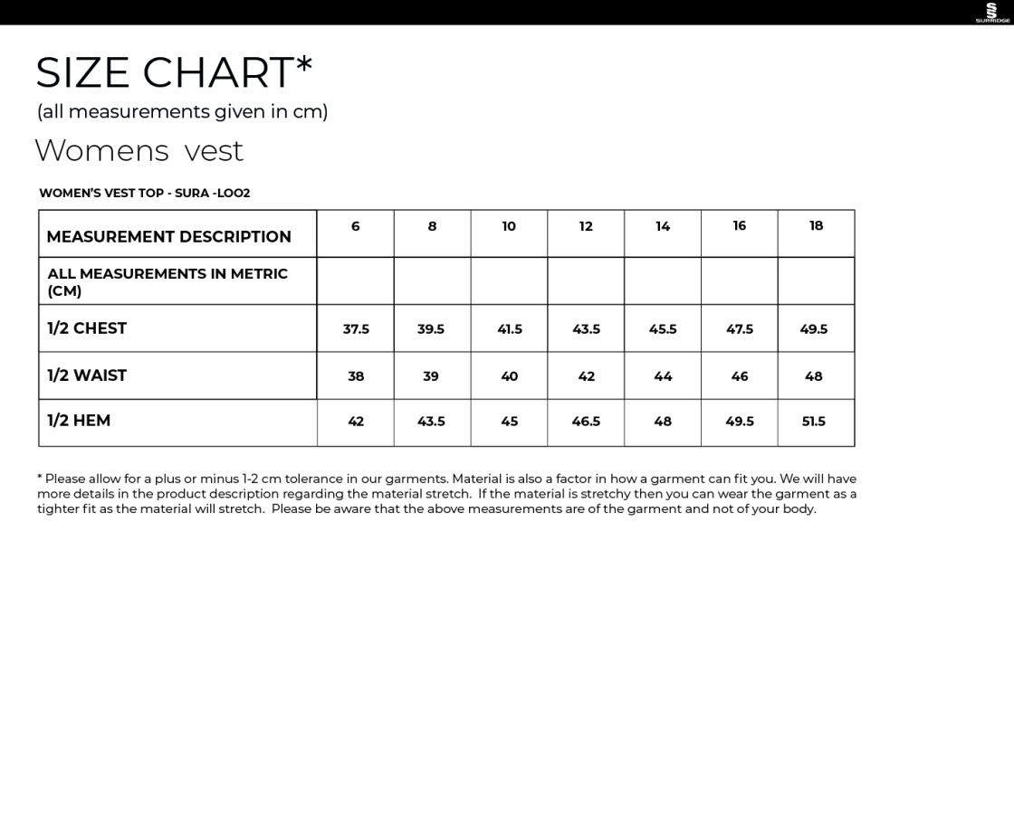 Athletics - Women's Away Vest - Size Guide