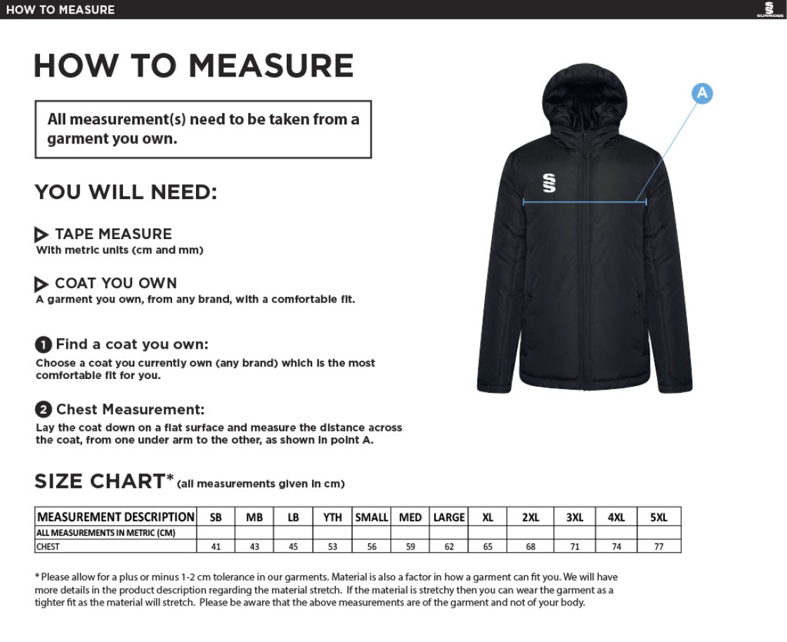 Bangor University - Karate - Padded Jacket - Size Guide