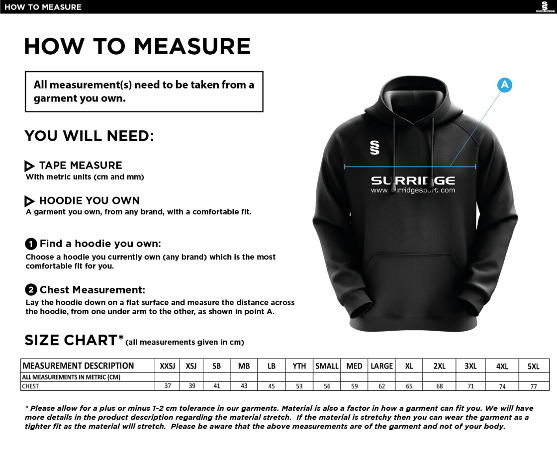 Bangor University - Boxing - Overhead Hoodie - Size Guide