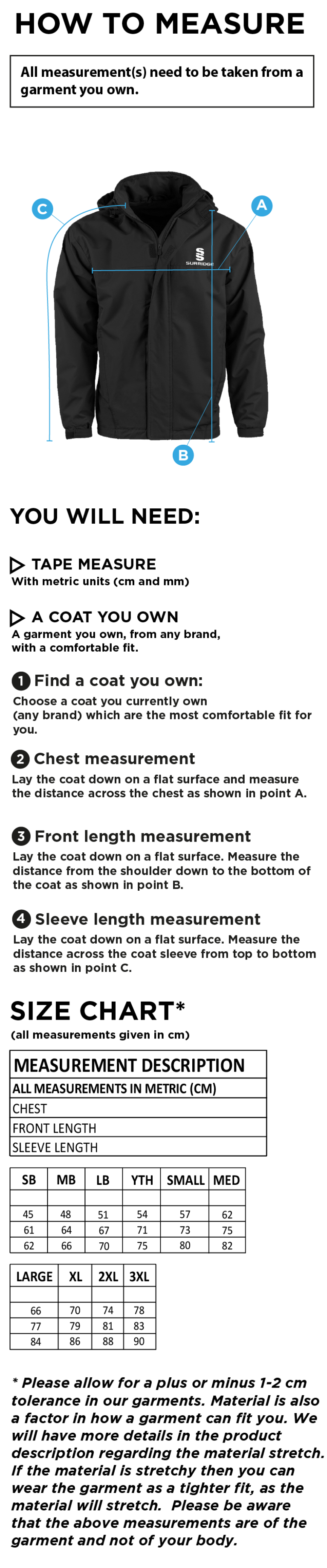 Bangor University - Swimming - Lined Jacket - Size Guide