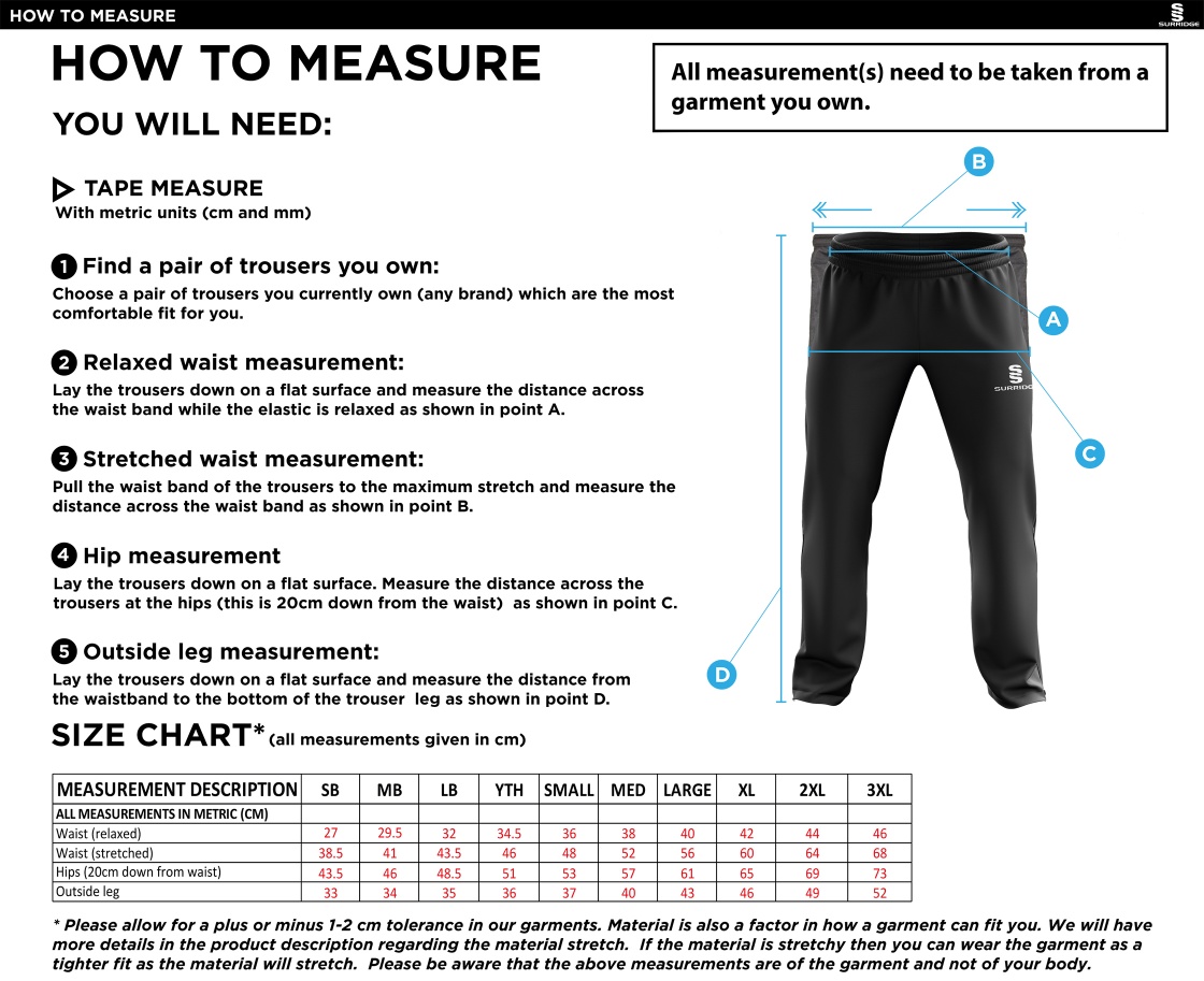 Bangor University - Mens Track Pants - Size Guide